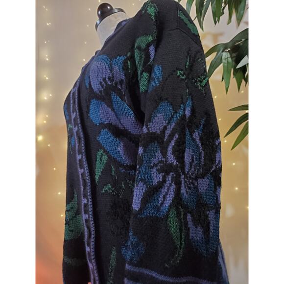 Rodier Vintage 80s Women's M/L Wool Blend Floral Knit Button-Up Cardigan Sweater - Picture 6 of 8